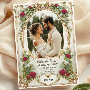 Convites Rosa Vermelha e Dourado Floral Salvar a Data com F