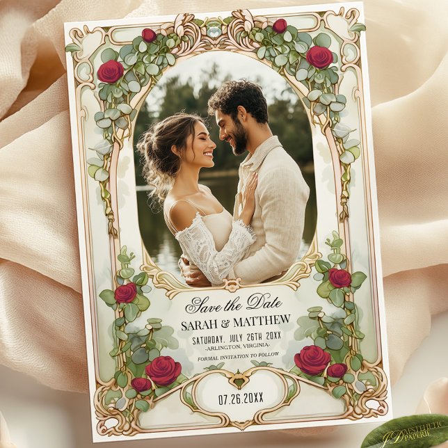 Convites Rosa Vermelha e Dourado Floral Salvar a Data com F (Criador carregado)