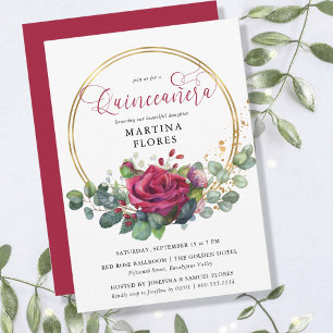 Convites Rosa Vermelha e Eucalipto Elegante Floral Quincean