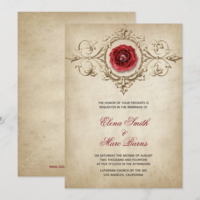 Convites Rosa Vermelha e Ornamento Bege Casamento (Frente/Verso)