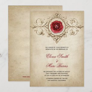 Convites Rosa Vermelha e Ornamento Bege Casamento