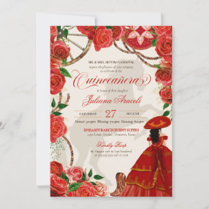 Convites Rosa vermelha Elegante Charro Mariachi Quinceanera
