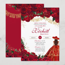 Convites Rosa vermelha Elegante Charro Quinceanera