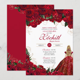 Convites Rosa vermelha Elegante Floral Belo Quinceañera
