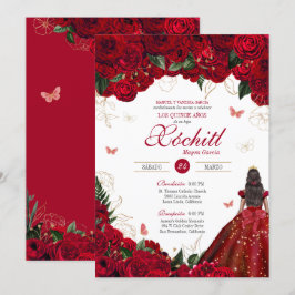 Convites Rosa vermelha Elegante Floral e Butterfly Quincean