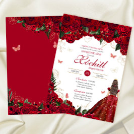 Convites Rosa vermelha Elegante Floral e Butterfly Quincean