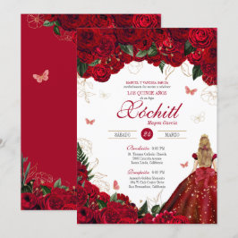 Convites Rosa vermelha Elegante Floral e Butterfly Quincean