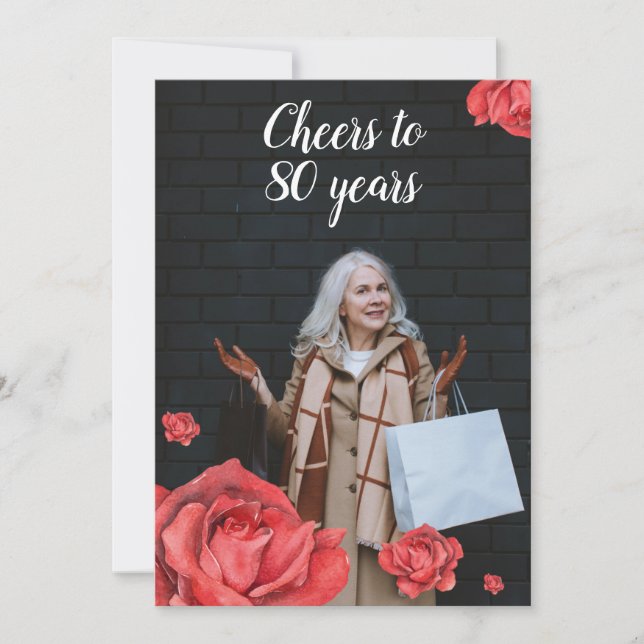 Convites Rosa vermelha Elegante Mãe Foto 80 de Aniversário (Frente)