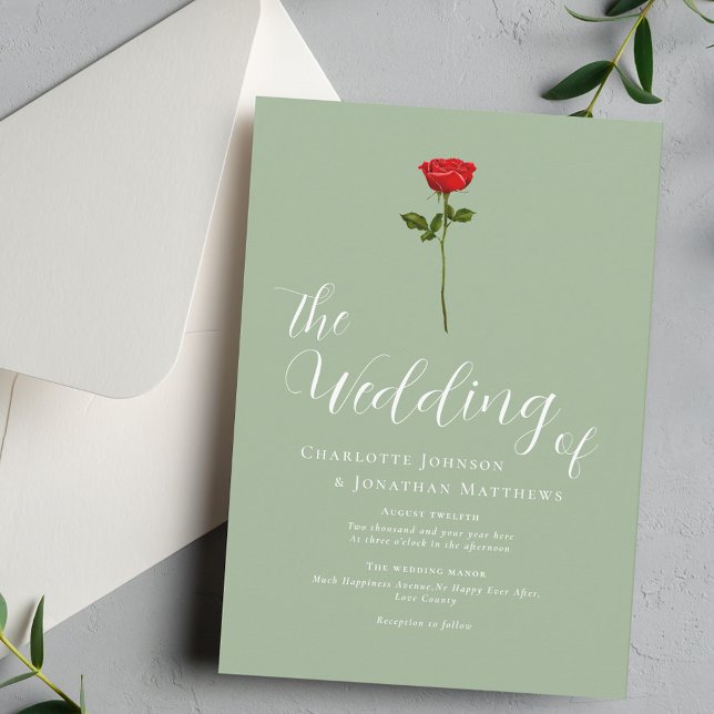 Convites Rosa vermelha Elegante Mínima - Sage Verde (Elegant single red rose calligraphy script sage green wedding Stylish minimalist modern watercolor )