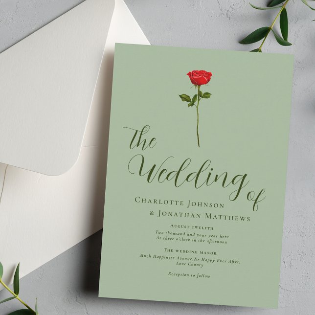 Convites Rosa vermelha Elegante Mínima - Sage Verde (Simple red rose elegant calligraphy script sage green wedding invitation Romantic modern stylish)