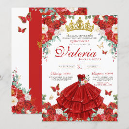 Convites Rosa vermelha Elegante Princesa Quinceañera