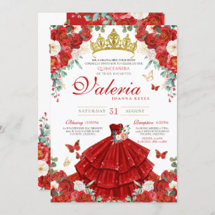 Convites Rosa vermelha Elegante Princesa Quinceañera