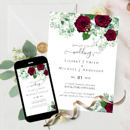 Convites Rosa vermelha Eucalyptus Impresso ou Casamento Dig