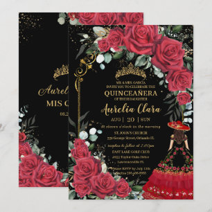 Convites Rosa vermelha Floral Black Charro Quinceañera