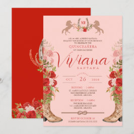 Convites Rosa vermelha Floral Boots Western Charra Quincean