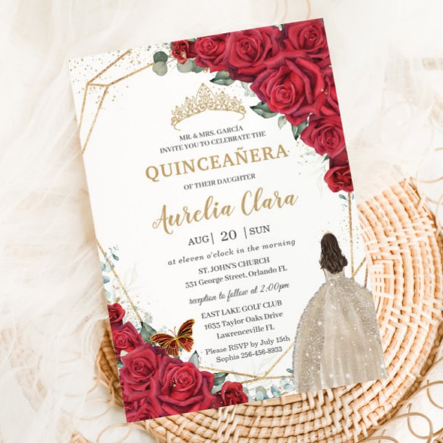 Convites Rosa vermelha Floral Champagne Garota Quinceañera (Criador carregado)