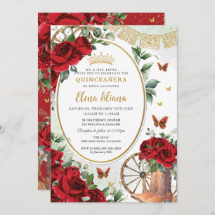 Convites Rosa vermelha Floral Charro Boots Quinceañera Swee