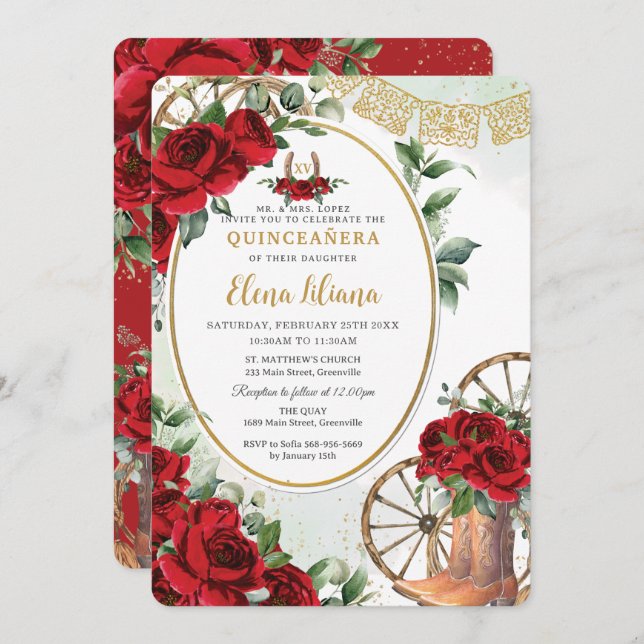 Convites Rosa vermelha Floral Charro Boots Sweet 16 Quincea (Frente/Verso)