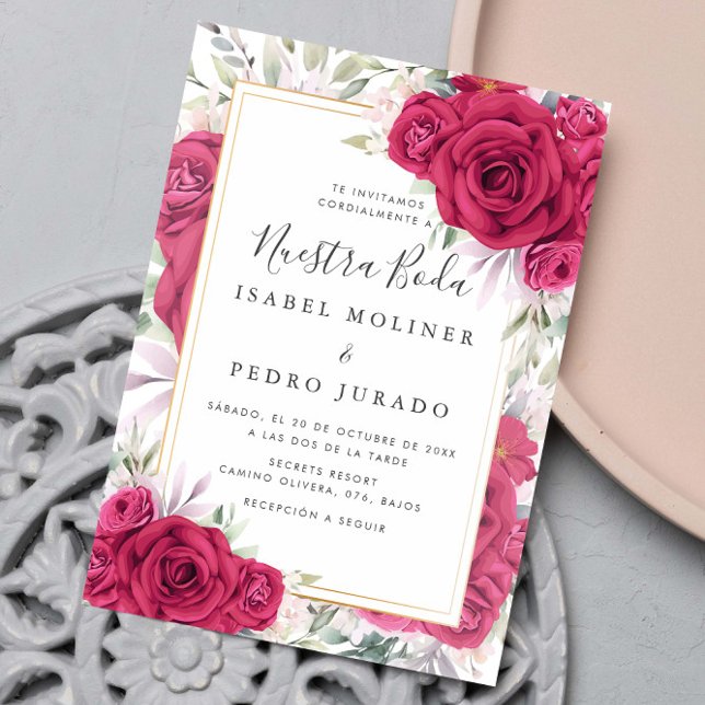 Convites Rosa vermelha Floral Nuestra Boda Casamento Espanh (Criador carregado)
