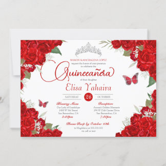 Convites Rosa vermelha Floral Prata Tiara Borboleta Quincea