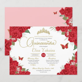 Convites Rosa vermelha Floral Tiara Butterfly Quinceanera