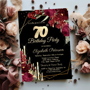 Convites Rosa vermelha Glitter Drives Black 70 Aniversário