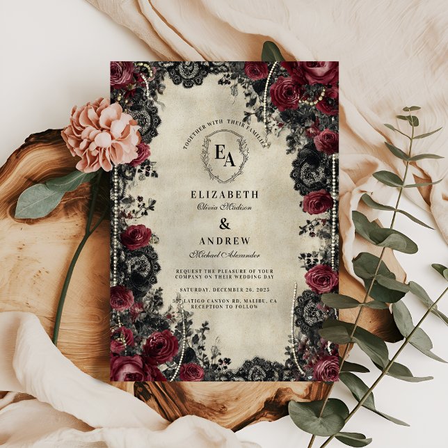 Convites Rosa vermelha Gótica e Lace Romance (Criador carregado)