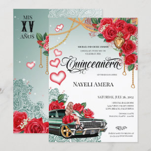 Convites Rosa vermelha Green Lowrider Mexicana Chola Quince