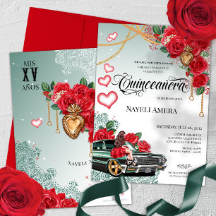 Convites Rosa vermelha Green Lowrider Mexicana Chola Quince