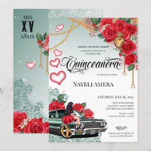 Convites Rosa vermelha Green Lowrider Mexicana Quince Anive