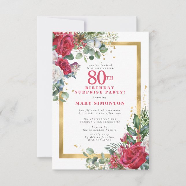 Convites Rosa vermelha Holly 80 Surprise Party (Frente)