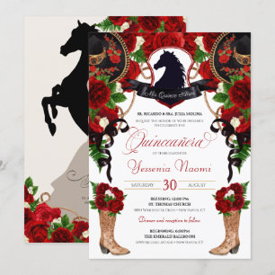 Convites Rosa vermelha Horse Crest Elegante Charro Quincean