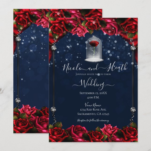Convites Rosa Vermelha Mágica Casamento Prata Dourado Azul  (Frente/Verso)