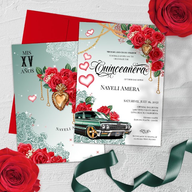 Convites Rosa vermelha Médica Verde Chola Quinceanera (Criador carregado)