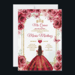 Convites Rosa vermelha Mexicana Princess Quiñceanera Floral<br><div class="desc">Rosa vermelha Mexicana Princesa Quiñceanera Convite Floral Mis Quince 15 Anos,  16ª Borboleta de Aniversário.</div>