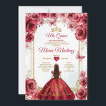 Convites Rosa vermelha Mexicana Princess Quiñceanera Floral<br><div class="desc">Rosa vermelha Mexicana Princesa Quiñceanera Convite Floral Mis Quince 15 Anos,  16ª Borboleta de Aniversário.</div>