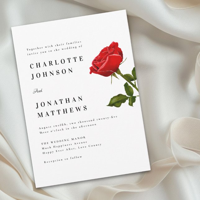 Convites Rosa Vermelha Minimalista Elegante Moderno (Romantic red rose minimal modern wedding invitation simple classic Watercolor floral)