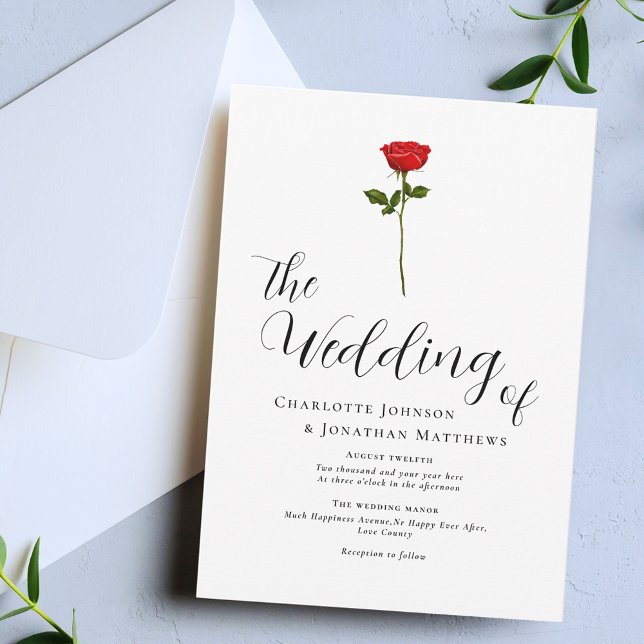 Convites Rosa Vermelha Minimalista Elegante Script (Single red rose elegant script minimalist wedding invitation Watercolor floral modern calligraphy )