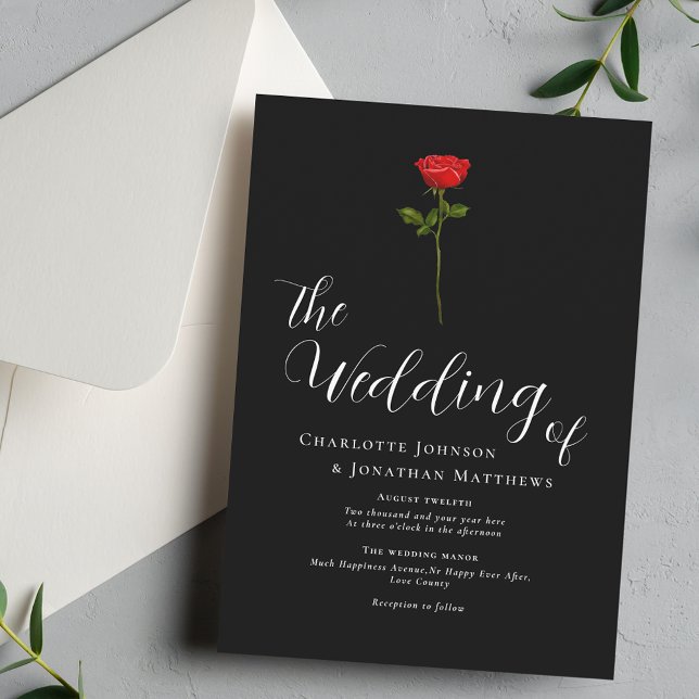 Convites Rosa Vermelha Minimalista Elegante Script Preto e  (Elegant simple single red rose black & white wedding invitation watercolor floral stylish script)