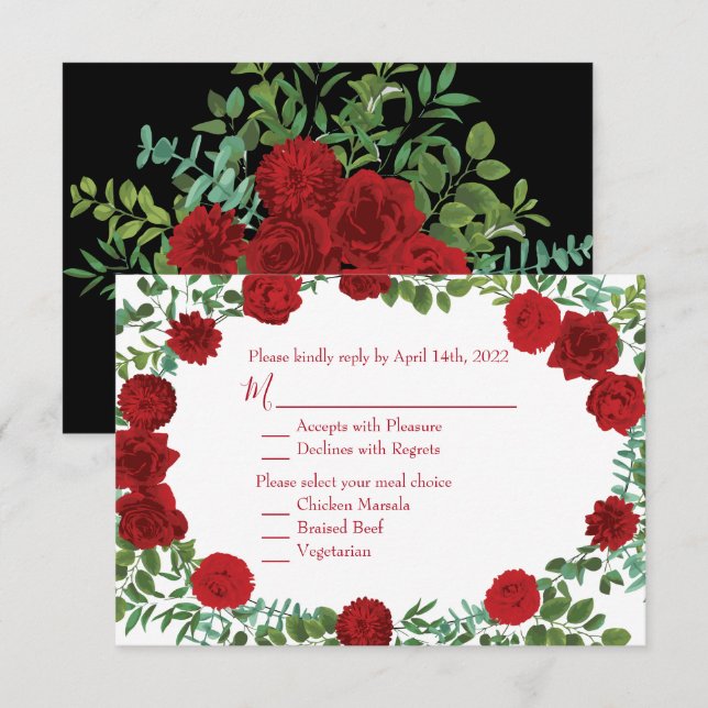 Convites Rosa vermelha Negra Casamento Gótico Escuro (Frente/Verso)