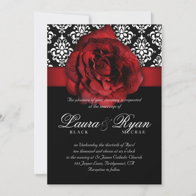 Convites Rosa vermelha Negra  Damask Elegante (Frente)