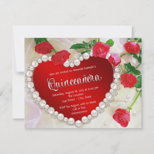 Convites Rosa Vermelha Pérola Quinceañera (Frente)