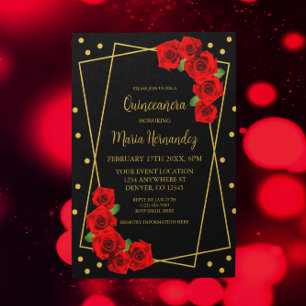 Convites Rosa Vermelha Preta e Dourada Quinceañera