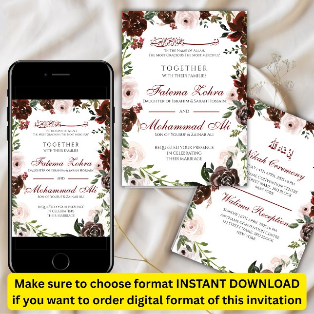 Convites Rosa vermelha Radiante Casamento Muçulmano Nikah (Criador carregado)