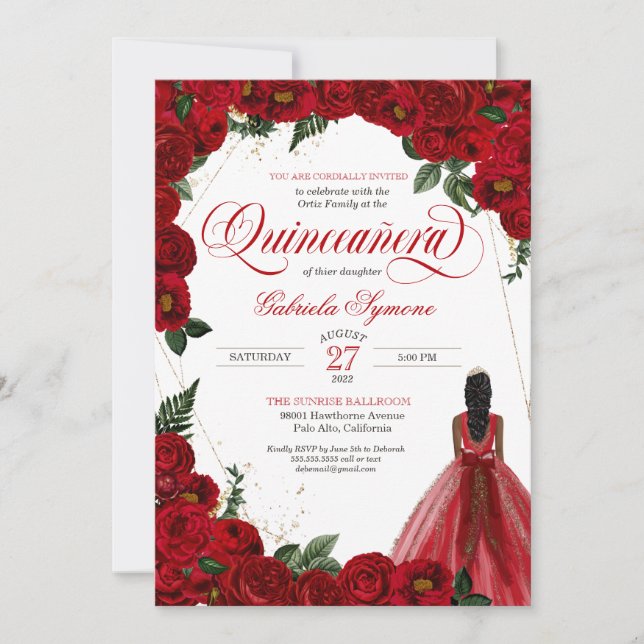 Convites Rosa vermelha, Rico Dourado, Red Ball Gown Quincea (Frente)