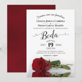 Convites Rosa vermelha Romântica Língua Espanhola Casamento