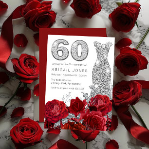 Convites Rosa vermelha Silver Diamond Gown 60º aniversário