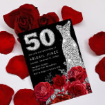 Convites Rosa vermelha Silver Diamond Number Vestir 50º ani<br><div class="desc">Rosa vermelha Silver Diamond Number Dress 50º Convite de Aniversário Ver coleção correspondente em Niche e Nest Store</div>