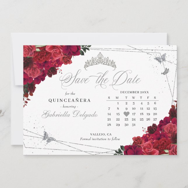 Convites Rosa vermelha & Silver Quinceañera Salve A Data (Frente)