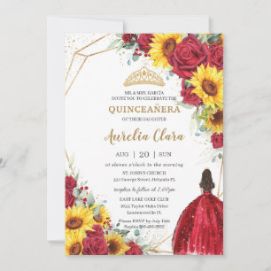 Convites Rosa vermelha vibrante Quinceañera Floral Dourada